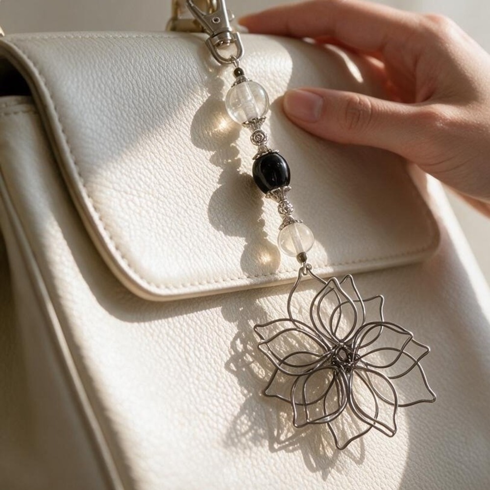 Purse‎ Bag Charm Handmade Wire Flower Keychain Beaded Silver Black Floral